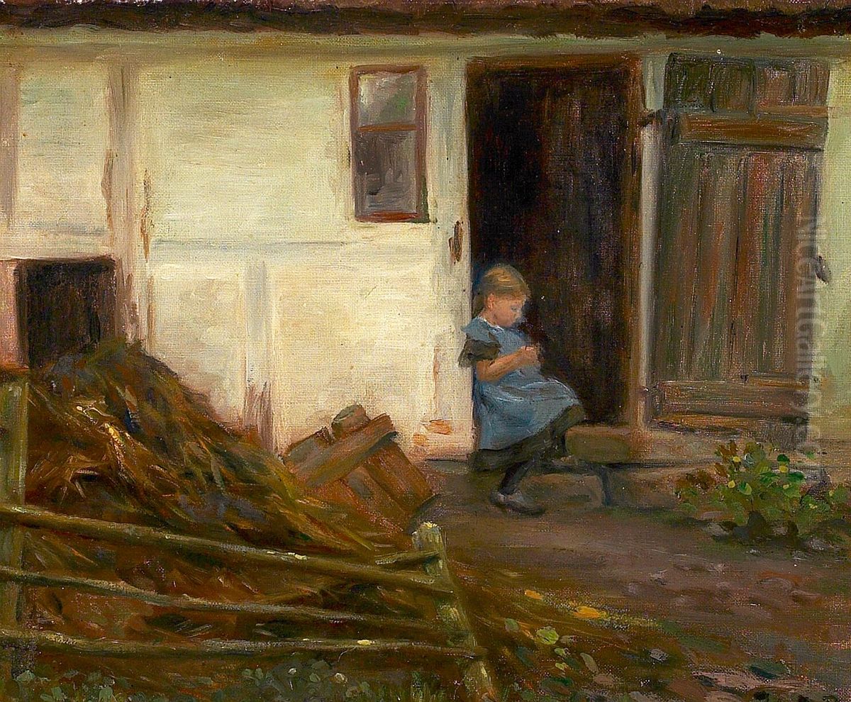 Scenery with a girl in a doorway. Oil Painting by H. A. Brendekilde