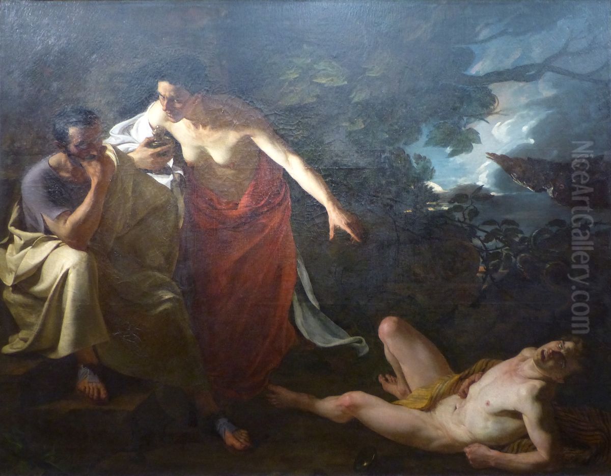 Locuste remet a Narcisse le poison destine a Britanicus, apres en avoir fait l'essai sur un jeune esclave Oil Painting by Xavier Sigalon