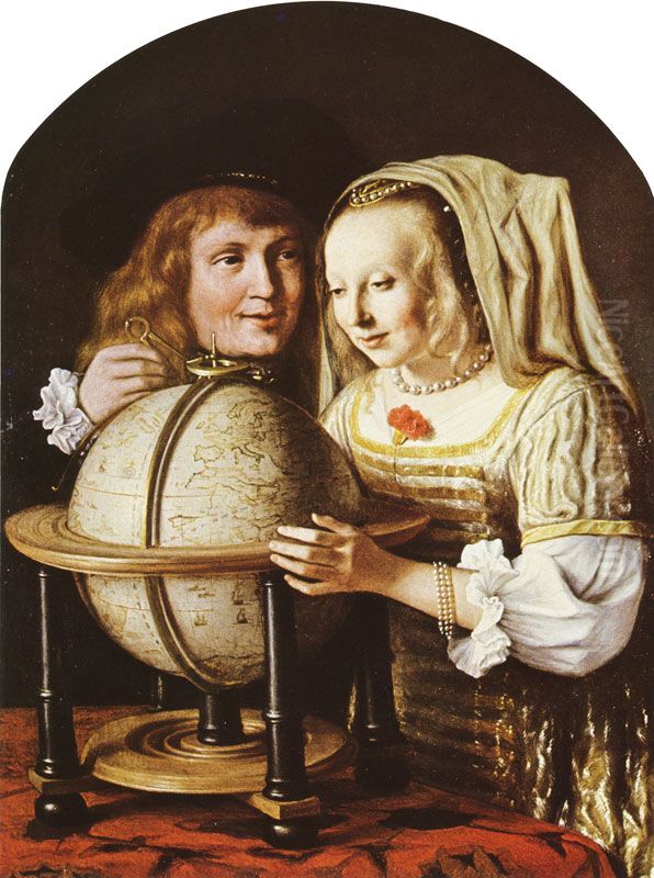 Couple looking at a Globe Oil Painting by Lambert Doomer