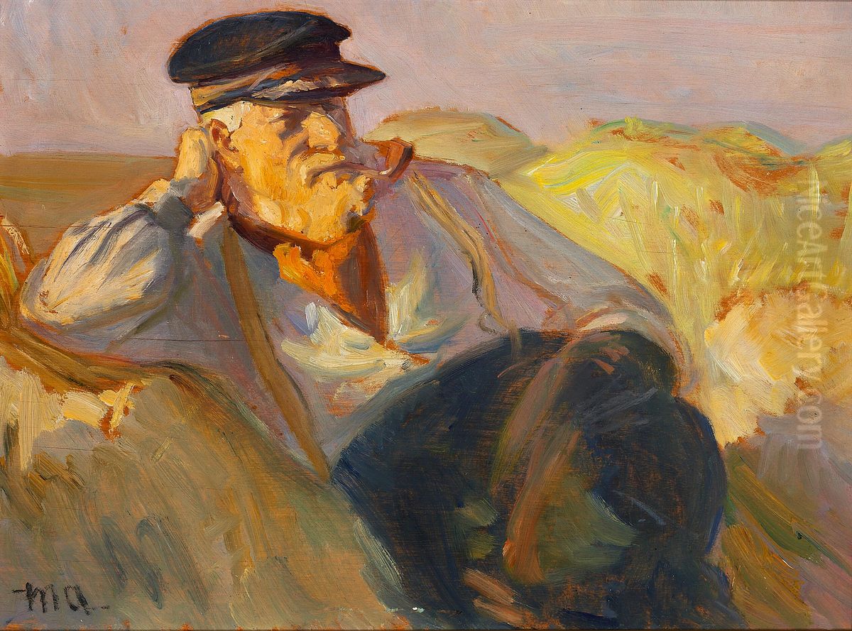 Skagenfisker, der slikker solskin i klitterne. Oil Painting by Michael Peter Ancher