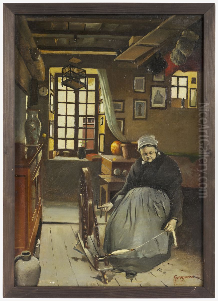 Femme filant dans un interieur Oil Painting by Louis Gregoire