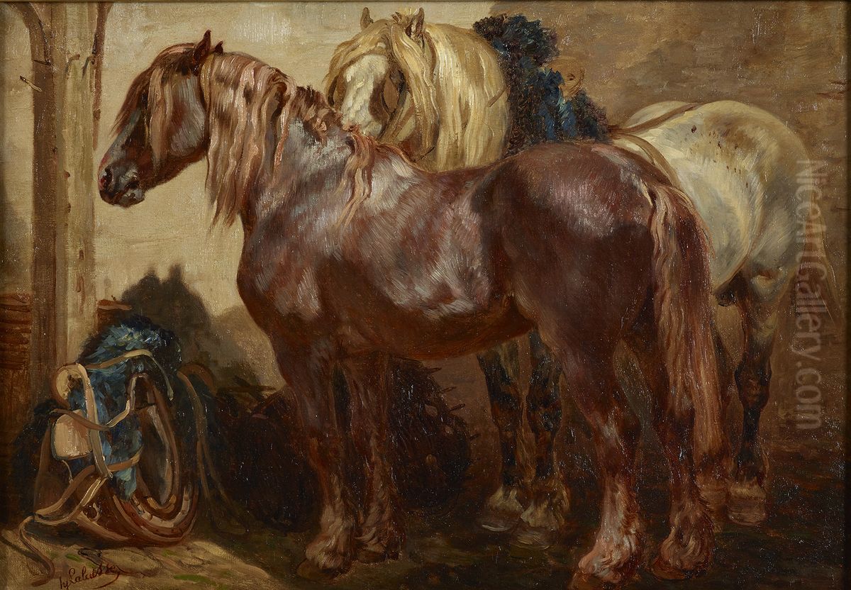 Chevaux type postier a l'ecurie Oil Painting by Francois-Hippolyte Lalaisse