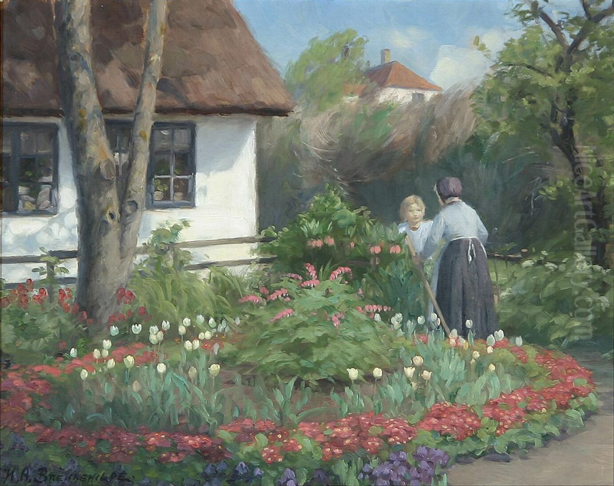 A summerday in the garden. Two women talking at the garden gate. Oil Painting by H. A. Brendekilde