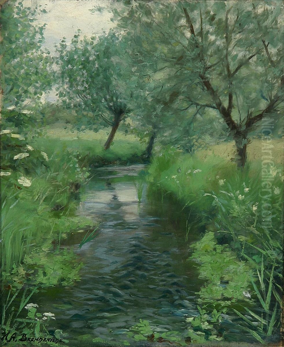 A landscape with a stream. Oil Painting by H. A. Brendekilde