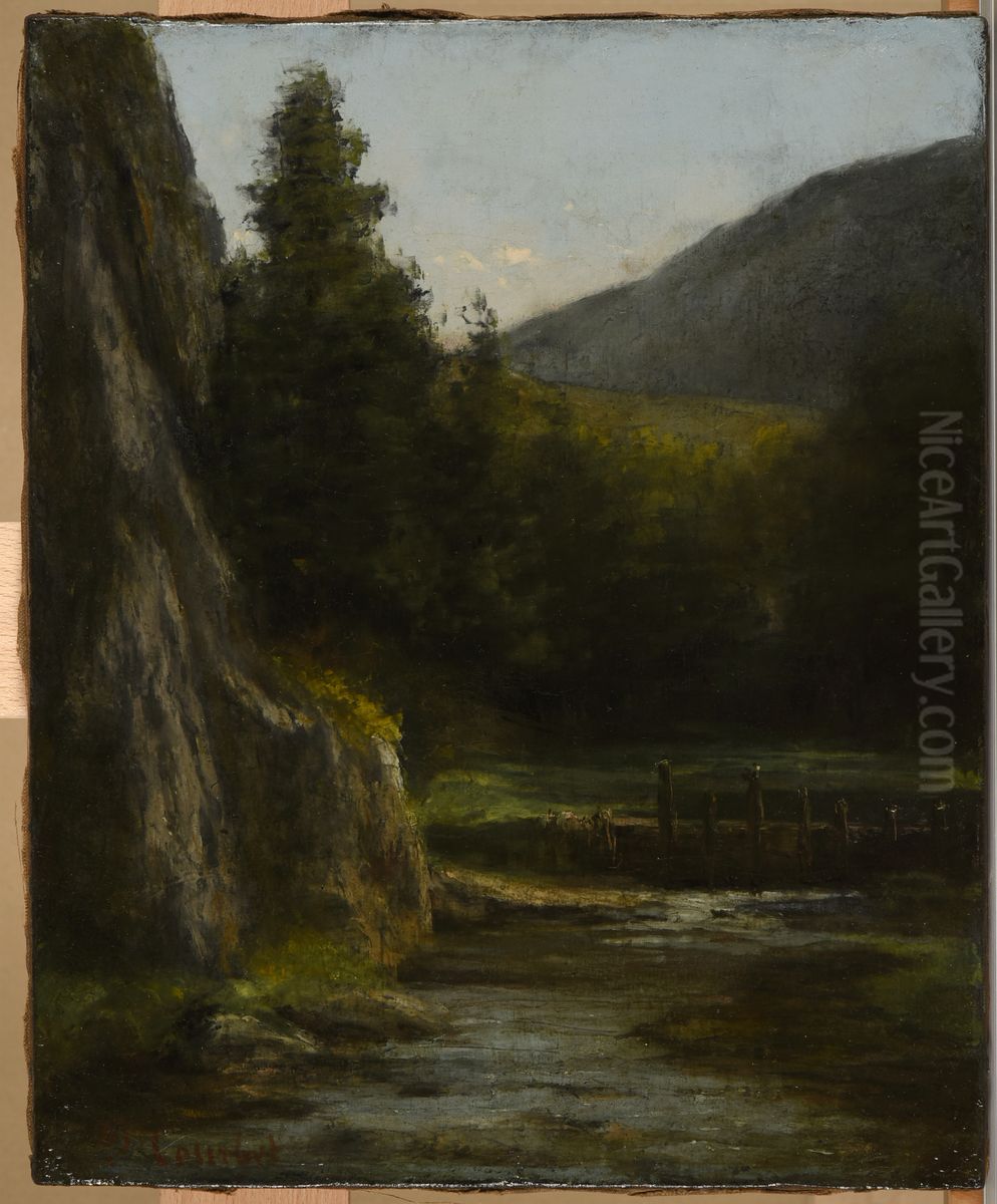 Rochers, sapins, ruisseau Oil Painting by Gustave Courbet