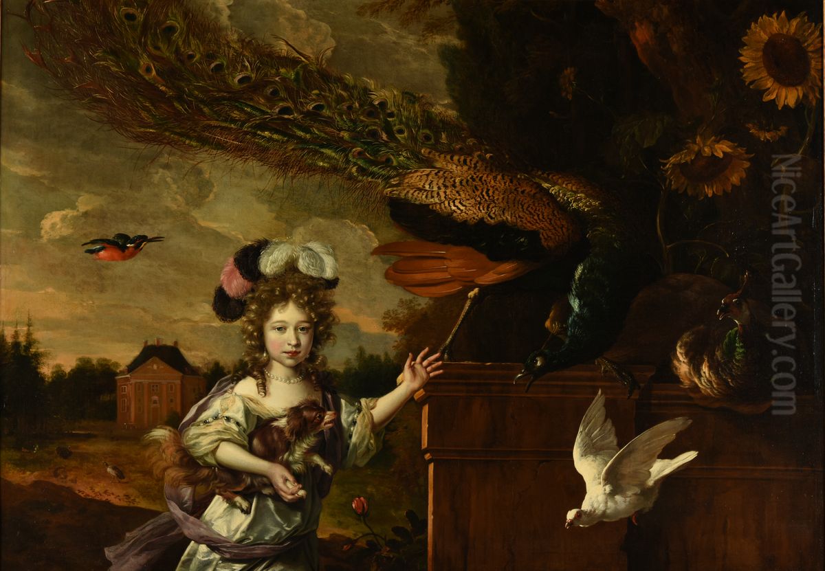 Fillette aux paons Oil Painting by Melchior D'Hondecoeter