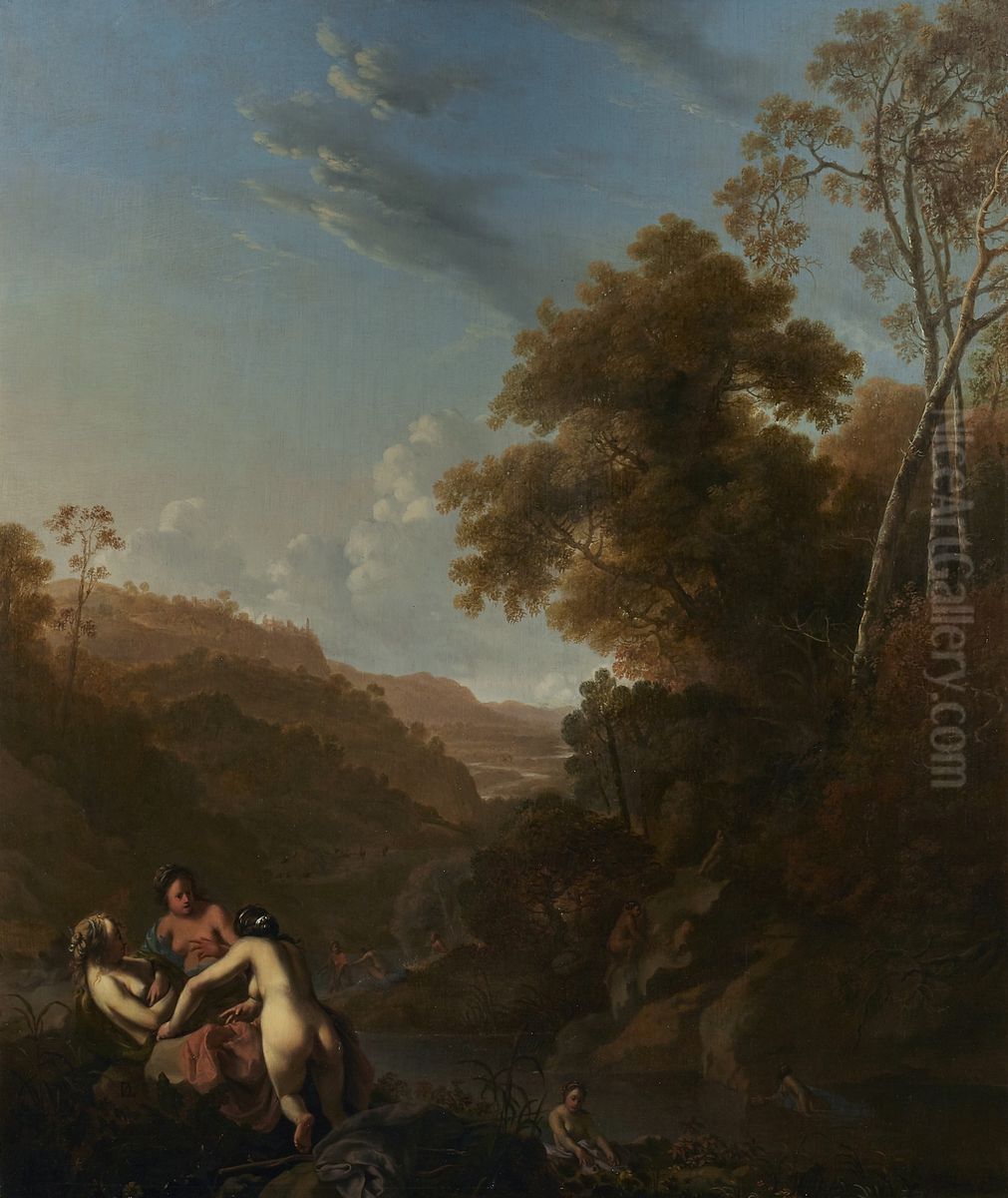 Italianate landscape with nymphs bathing Oil Painting by Dirck Van Der Lisse