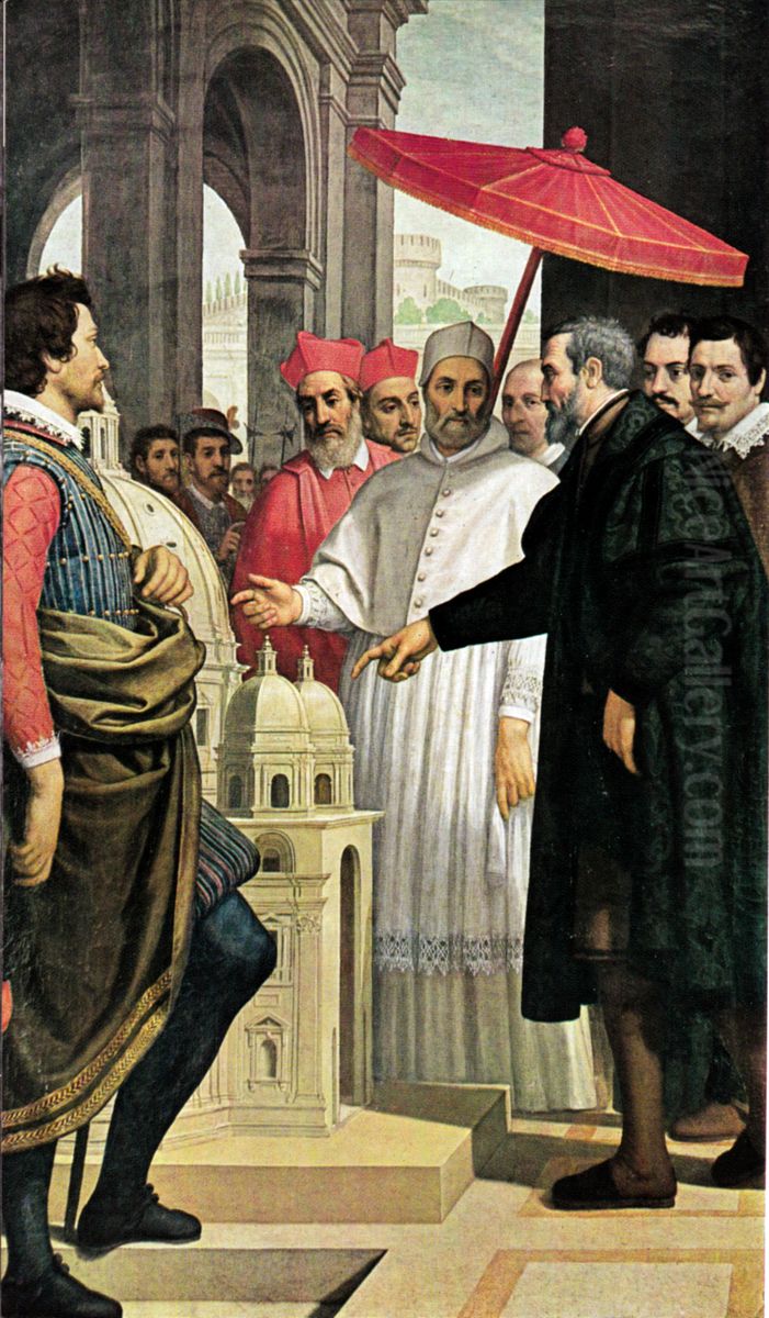 Michelangelo shows to Pope Pius IV the model for St Peter's Basilica Oil Painting by Domenico Passignano