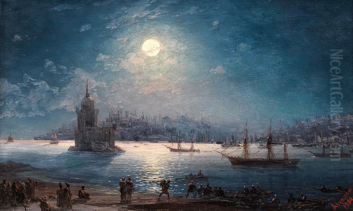 A View of the Bosporus with the Hagia Sophia and the Maiden's Tower in the Moonlight Oil Painting by Ivan Aivazovsky