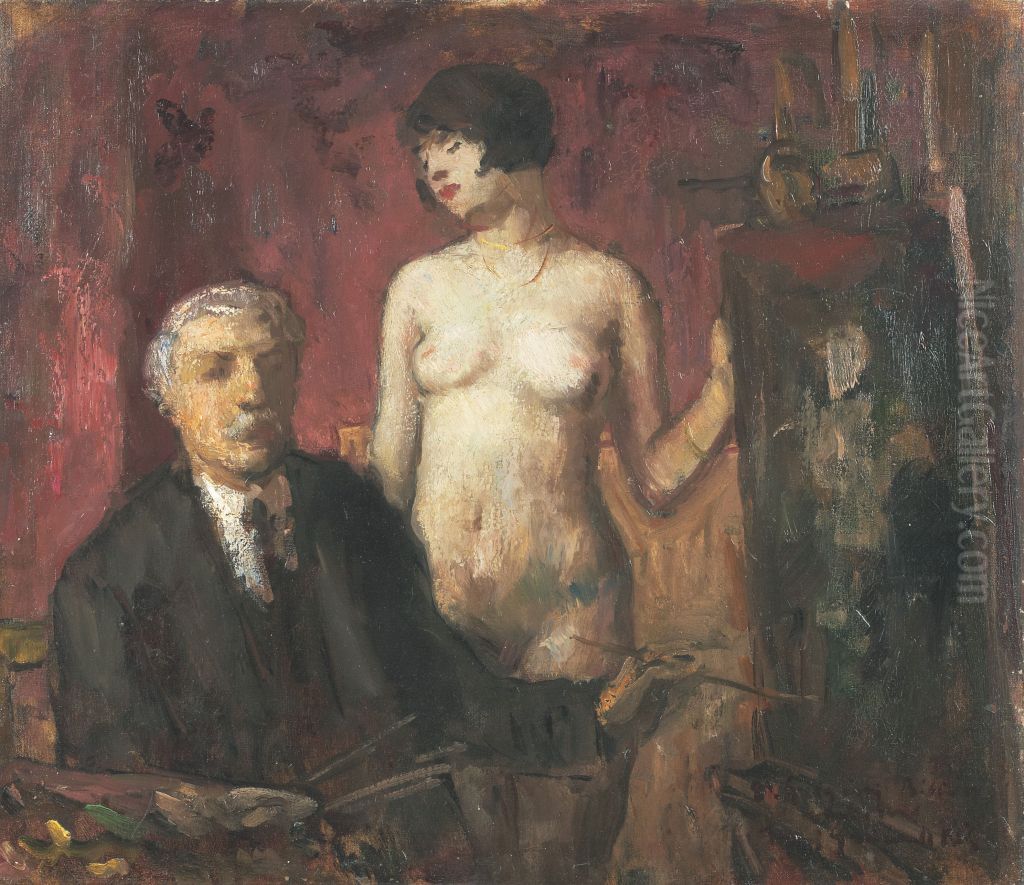 Self-portrait with a Model Oil Painting by Bela Ivanyi-Grunwald