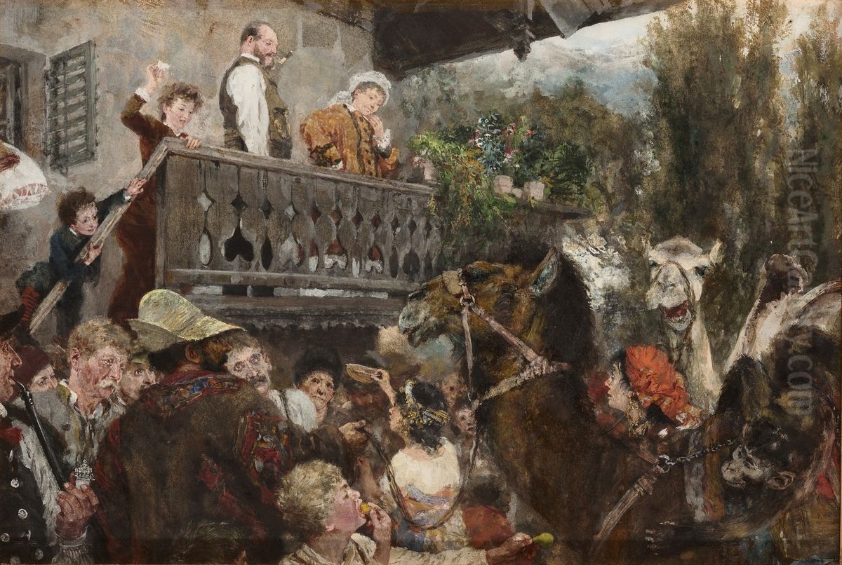 The wandering circus (Camel drivers in Partenkirchen) Oil Painting by Adolph von Menzel
