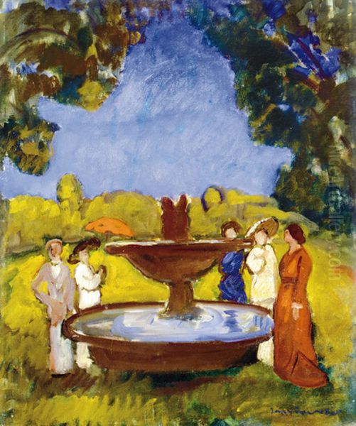Company at the Fountain Oil Painting by Bela Ivanyi-Grunwald