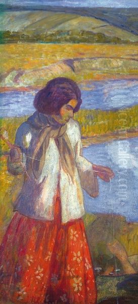 Gypsy Girl Spinning Oil Painting by Bela Ivanyi-Grunwald