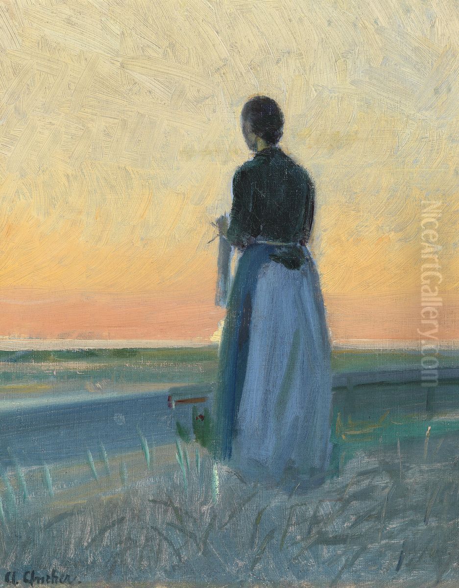 Ung kvinde med strikketoj staende i solnedgangen Oil Painting by Anna Ancher