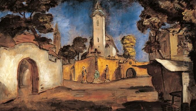 Street in Kecskemet Oil Painting by Bela Ivanyi-Grunwald