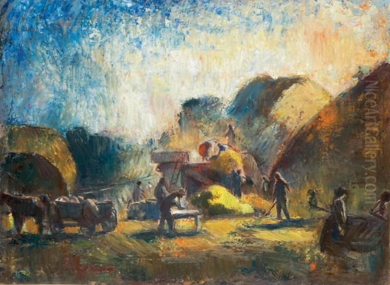 Threshing Oil Painting by Bela Ivanyi-Grunwald