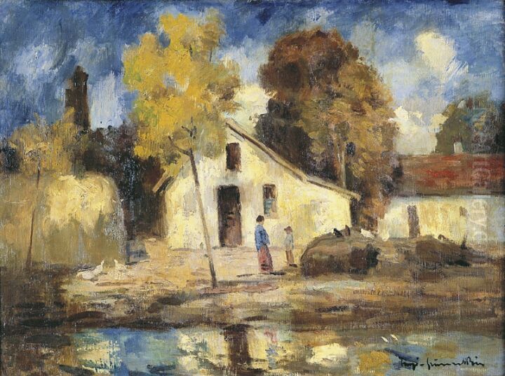 Red-roofed Houses Oil Painting by Bela Ivanyi-Grunwald