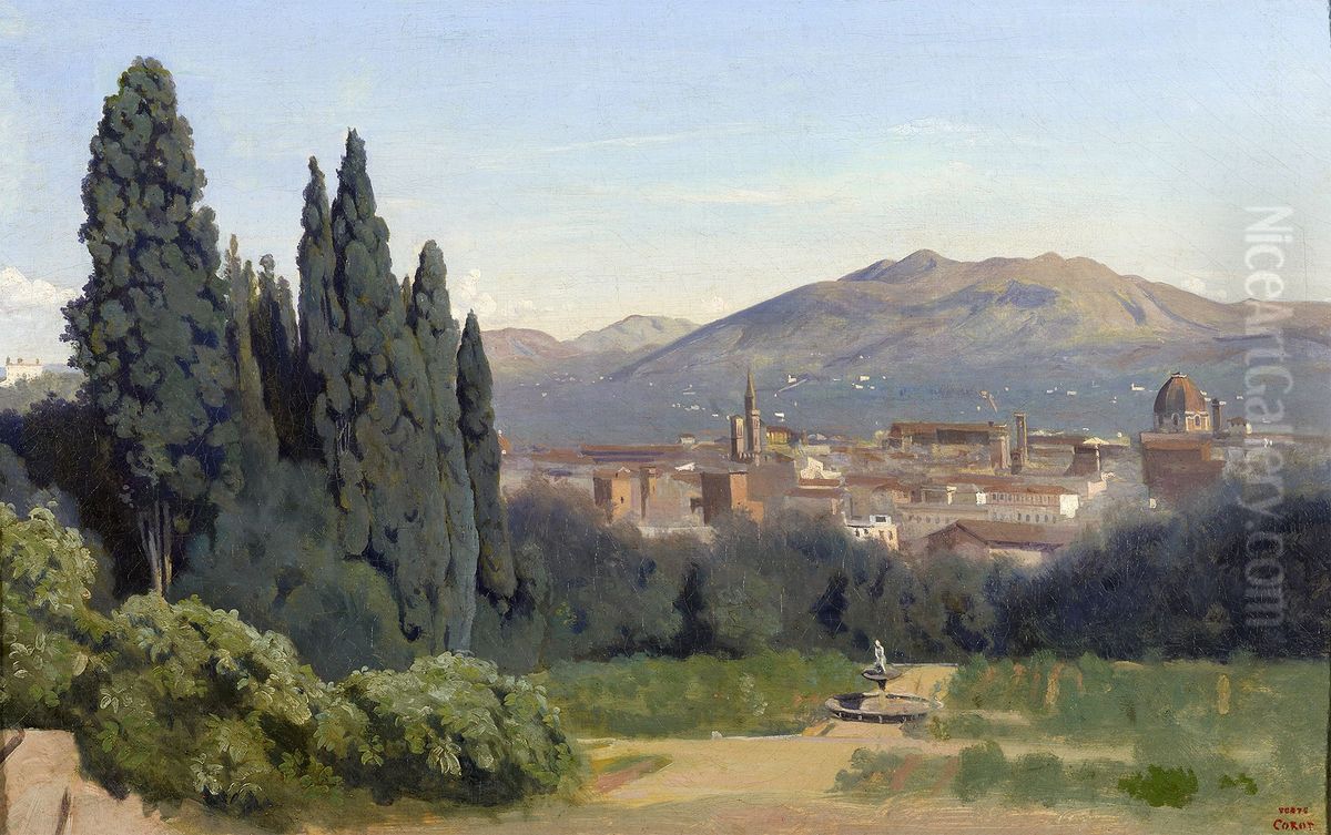 Florence, Vue prise des Jardins Boboli Oil Painting by Jean-Baptiste Camille Corot