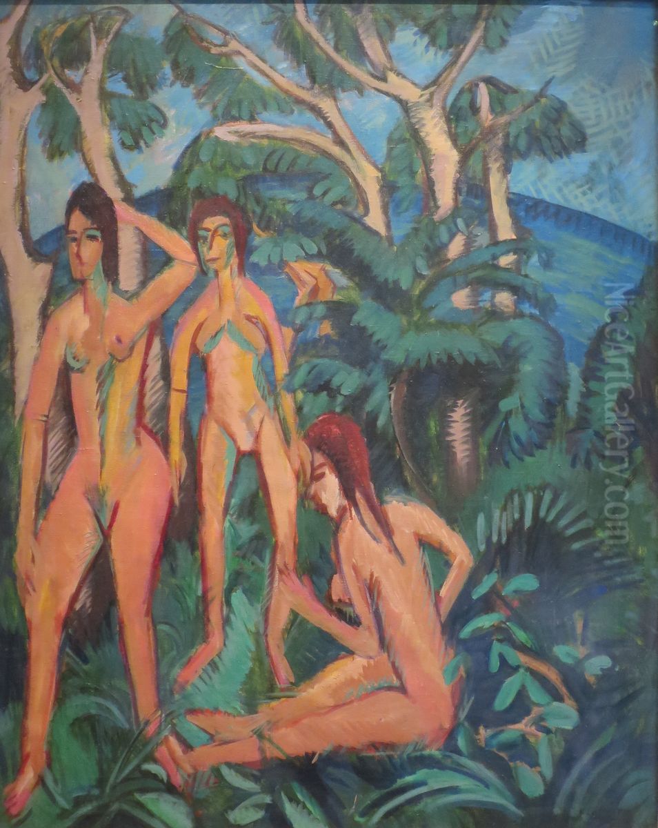 Bathers beneath Trees, Fehmarn Oil Painting by Ernst Ludwig Kirchner