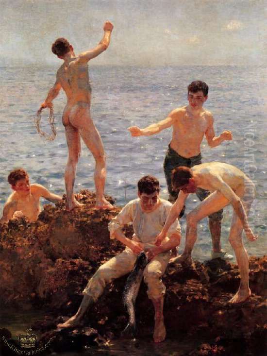 Midsummer Morning (Lovers of the sun) Oil Painting by Henry Scott Tuke