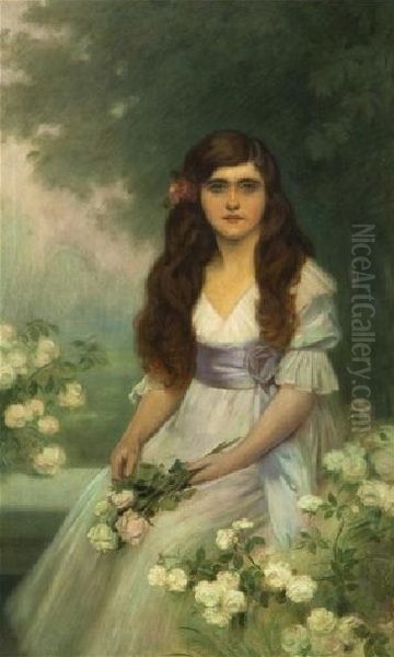 Portret Mili Mellanove s ruzemi (1912) Oil Painting by Rudolf Vacha