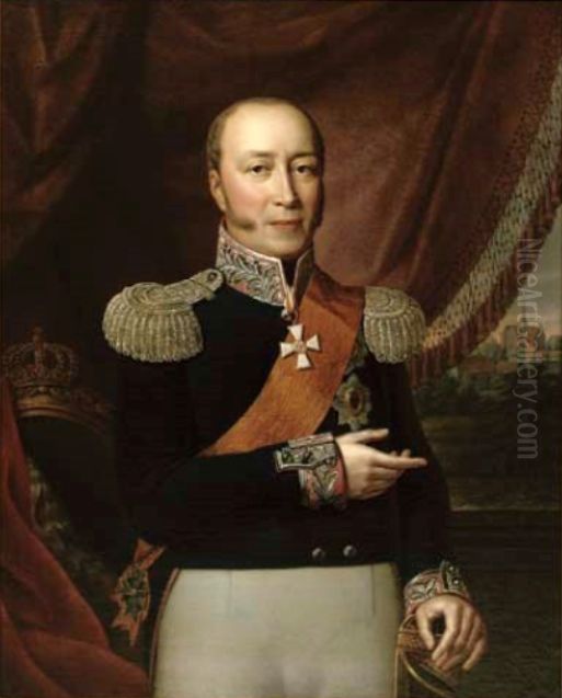 Portrait of Friedrich Franz I, Grand Duke of Mecklenburg-Schwerin, wearing the black uniform of the Mecklenburg infantry, a sash and badge of the order of the Black Eagle of Prussia Oil Painting by Rudolph Suhrlandt