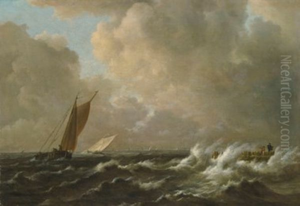 Sailing vessels in a stormy sea, with a jetty to the right Oil Painting by Jacob Van Ruisdael