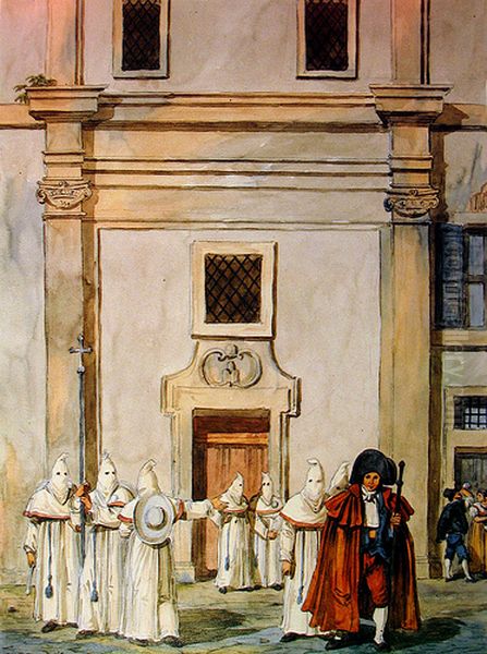 Chiesa dei Sacconi Rossi a Roma, nell'isola Tiberina, con la processione della confraternita. Oil Painting by Achille Pinelli