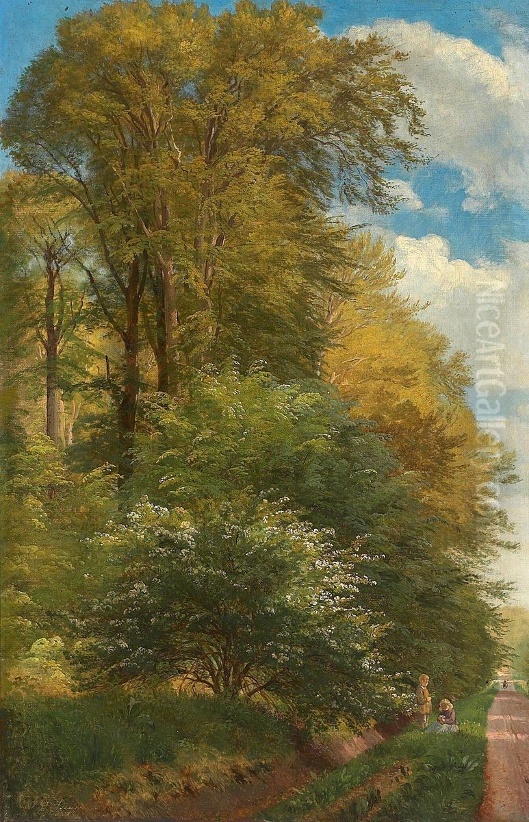 Two children at the edge of the woods near Liselund, Mon. Oil Painting by Carl Frederik Aagaard