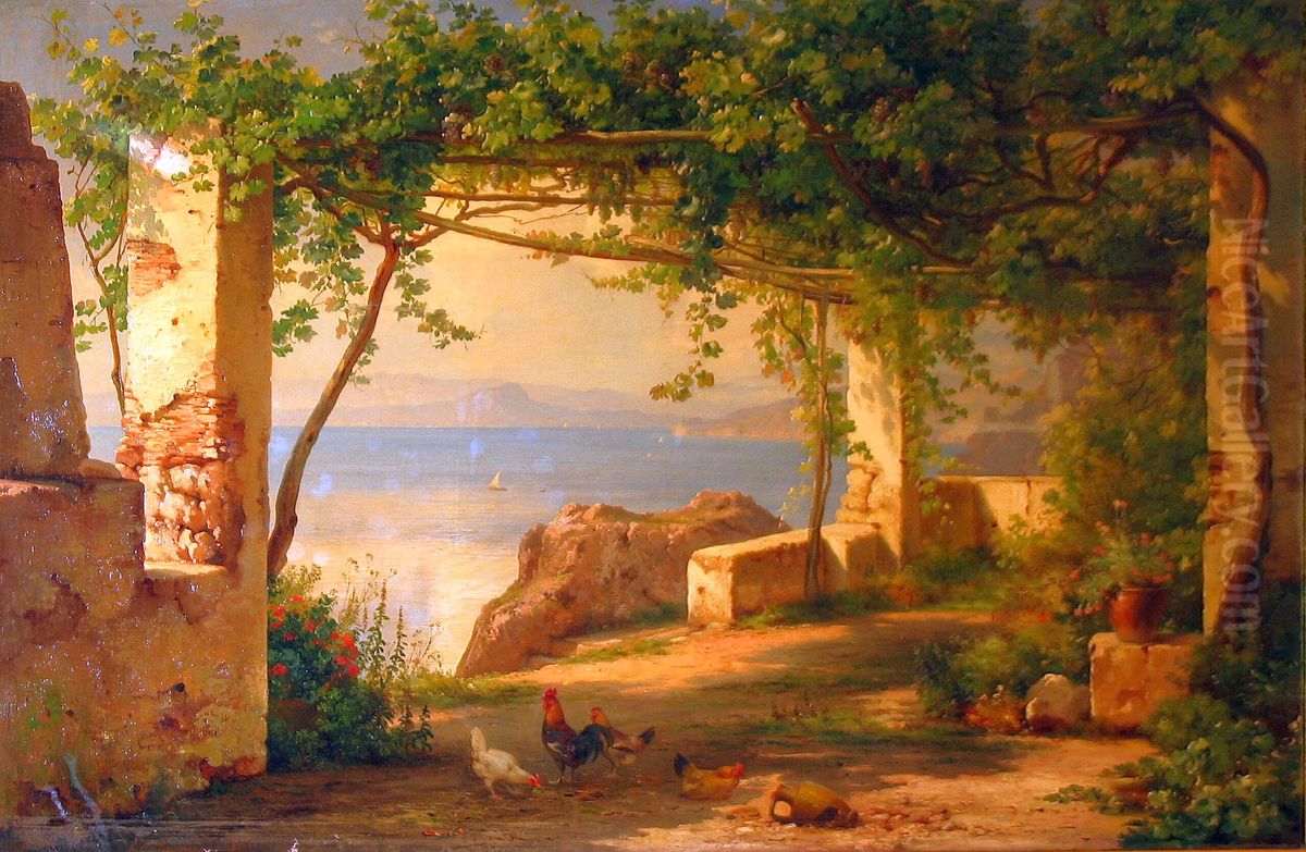 The bay at Naples seen from a loggia. Oil Painting by Carl Frederik Aagaard