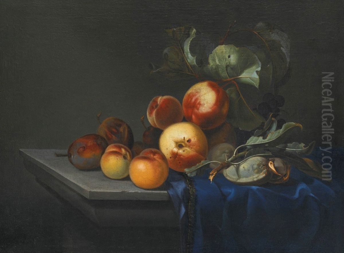 Peaches and Plums on a Partly Draped Stone Ledge Oil Painting by Paul Liegeois