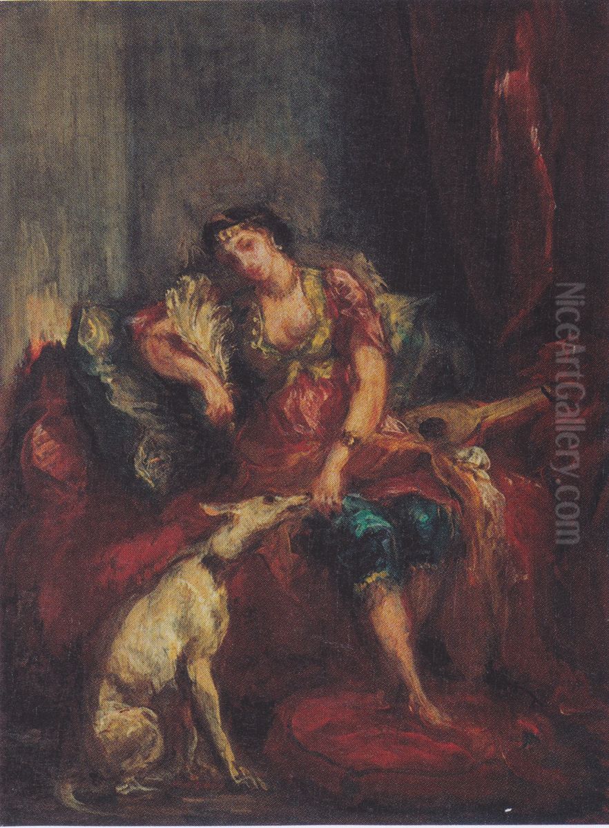 Frau aus Algier mit Windhund Oil Painting by Eugene Delacroix