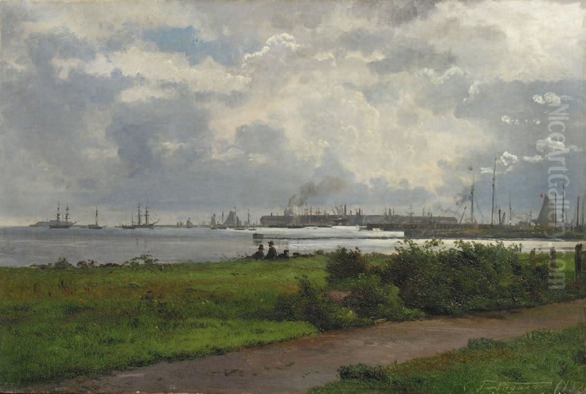 Landscape at a harbour. Oil Painting by Carl Frederik Aagaard