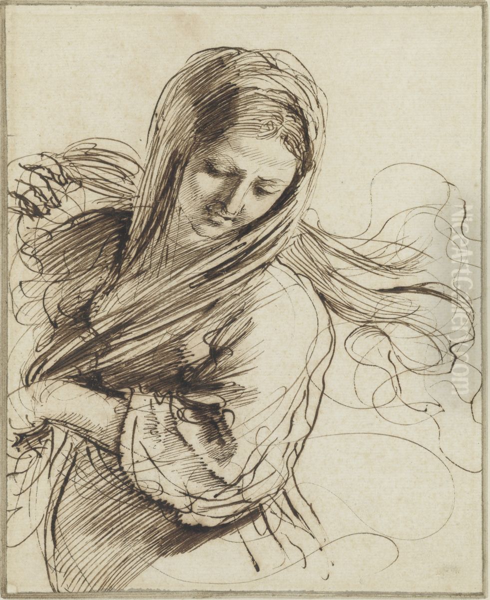 A Woman, Half Length, Looking down to Right, with Flowing Hair and Drapery Oil Painting by Of Sir Joshua Reynolds