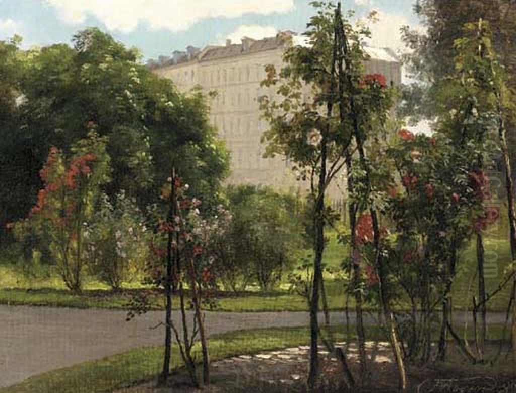 A colonnade on the edge of a park with roses in bloom. Oil Painting by Carl Frederik Aagaard