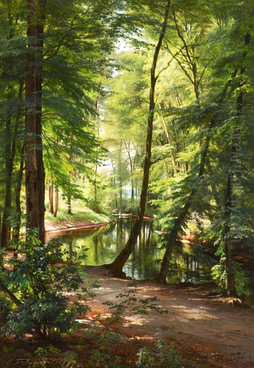 Forest scene with a stream and a man fishing from a boat. Oil Painting by Carl Frederik Aagaard