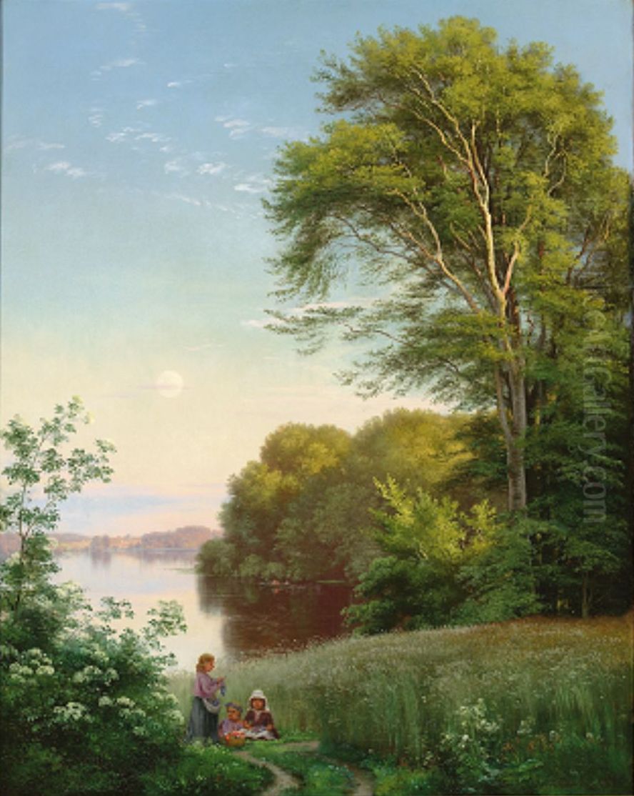 Three girls making wreaths near a lake. Oil Painting by Carl Frederik Aagaard