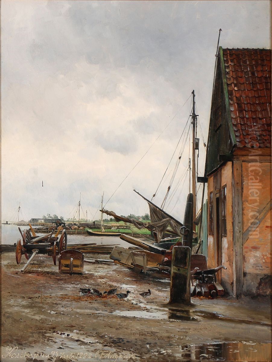 After the rain, harbour view from Kastrup, Denmark Oil Painting by Carl Frederik Aagaard