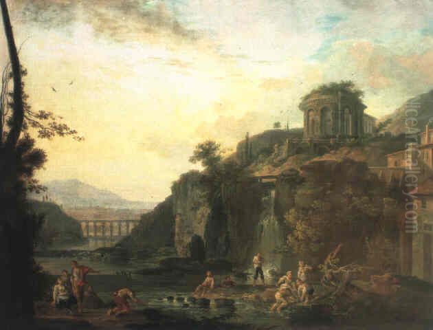 PAYSAGE ROMAIN AVEC PECHEURS ET LAVANDIERES PRES D'UNE CASCADE Oil Painting by Jean-Baptiste Claudot