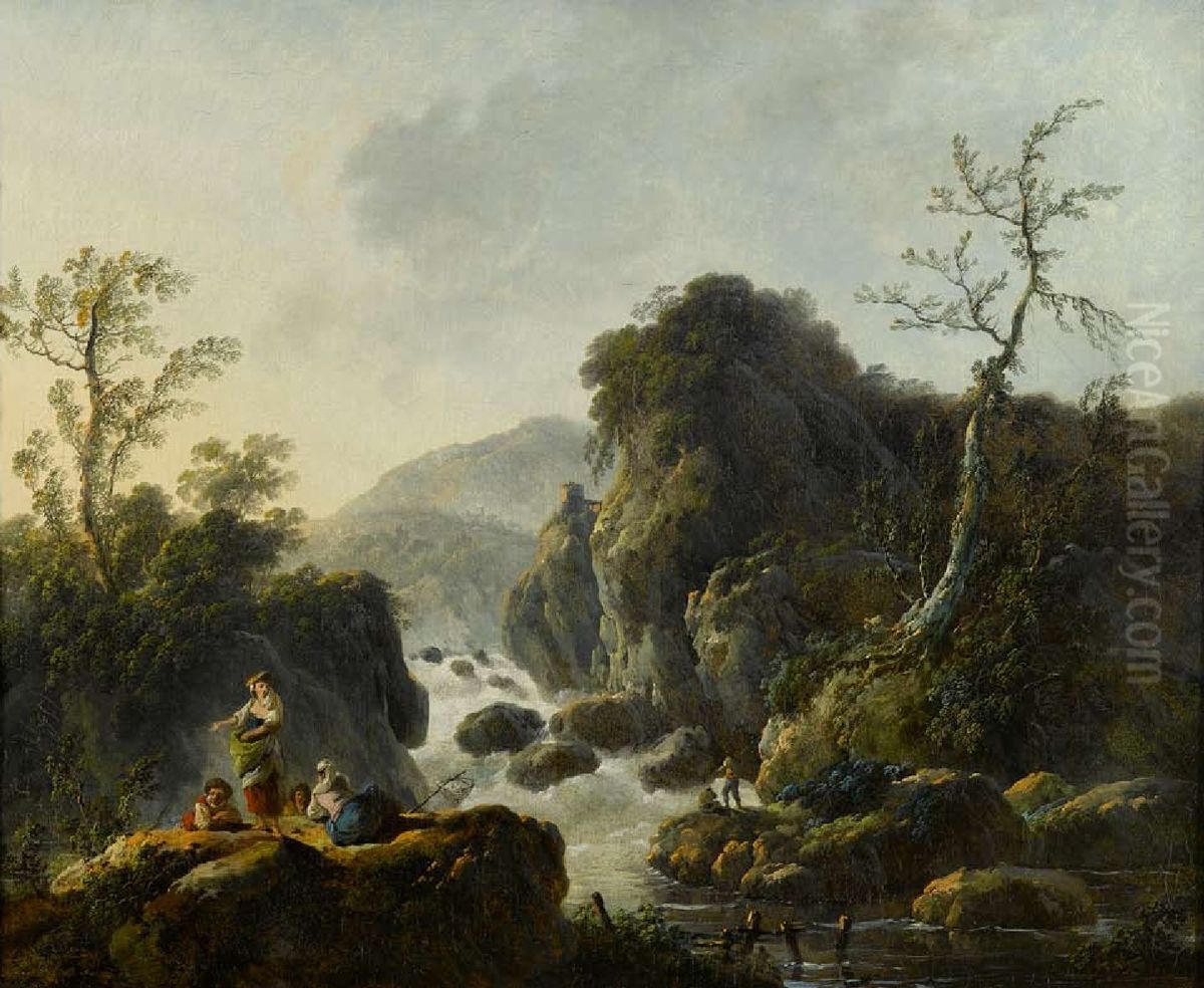 A Mountainous River Landscape Oil Painting by Jean-Baptiste Pillement