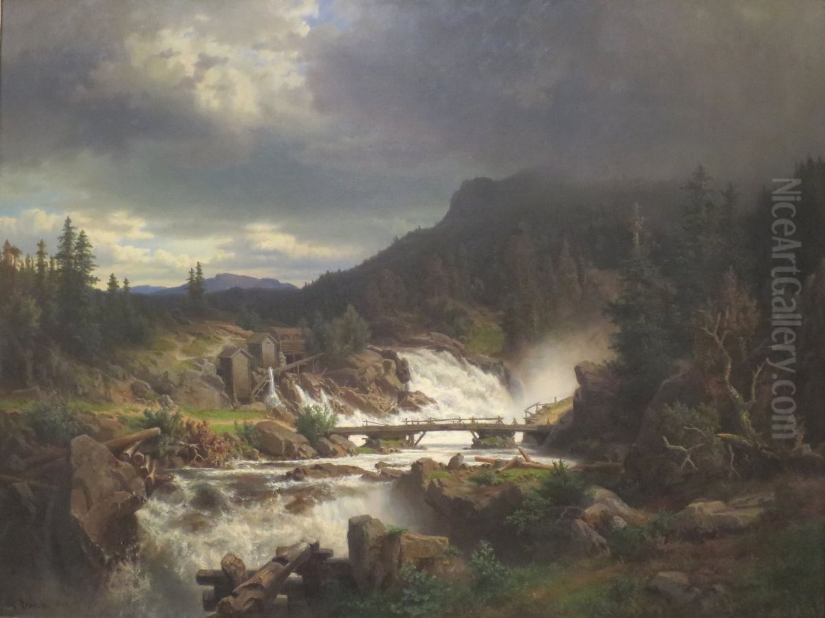 Landskap med foss Oil Painting by Erik Bodom