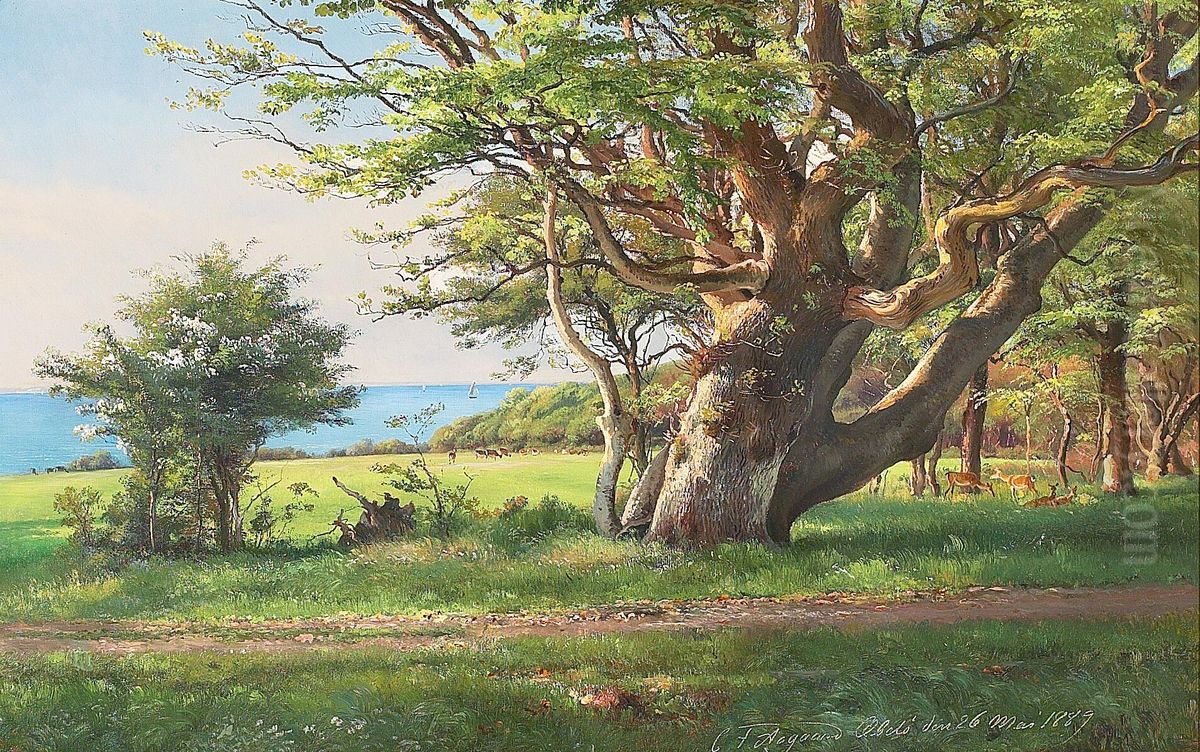 A glade with an old oak tree and some deer. Oil Painting by Carl Frederik Aagaard