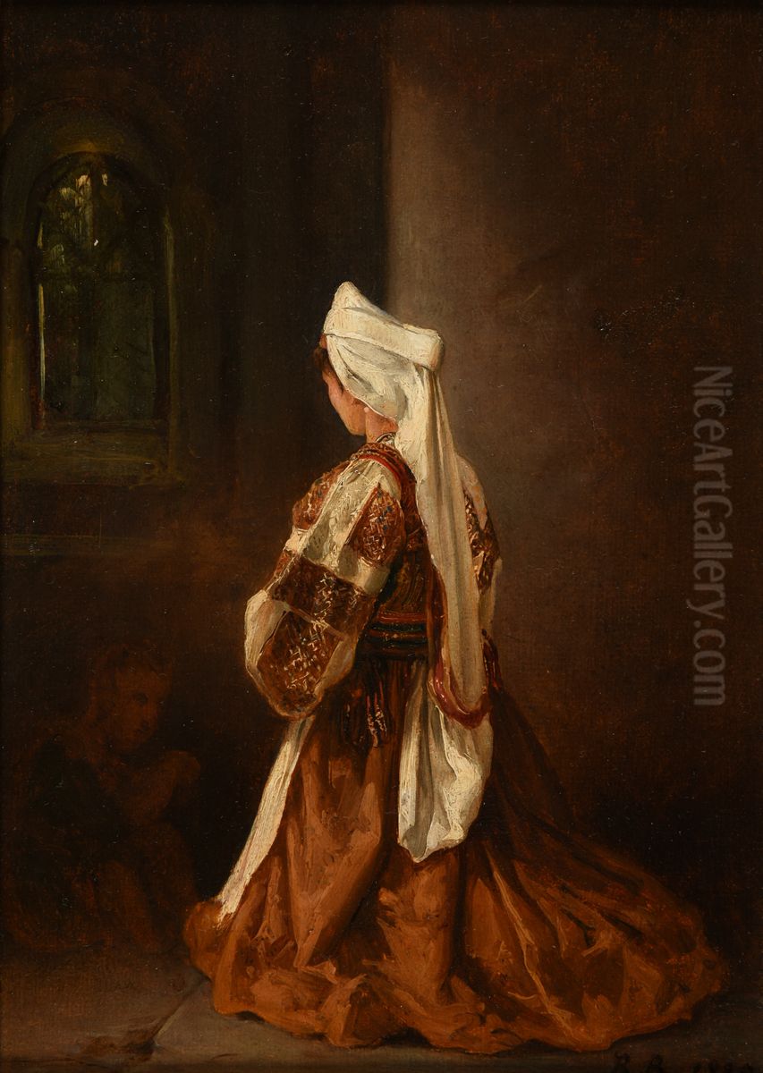 Jeune romaine en priere dans une eglise Oil Painting by Jacques Raymond Brascassat