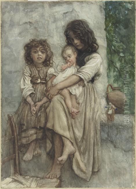 Ischia, groupe de trois enfants Oil Painting by Ernest Hebert