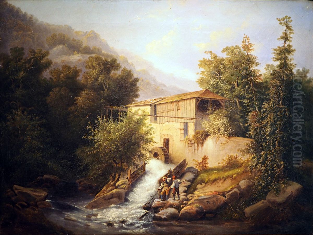 Forellenfischer an einem Muhlenbach Oil Painting by Julius Hubner