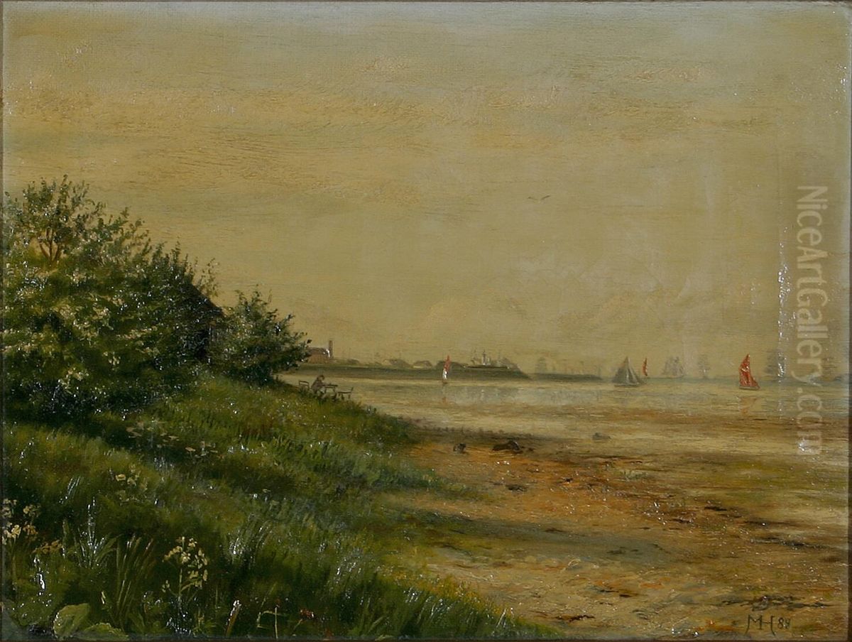 View of a coast with numerous ships. Oil Painting by Marianne Host