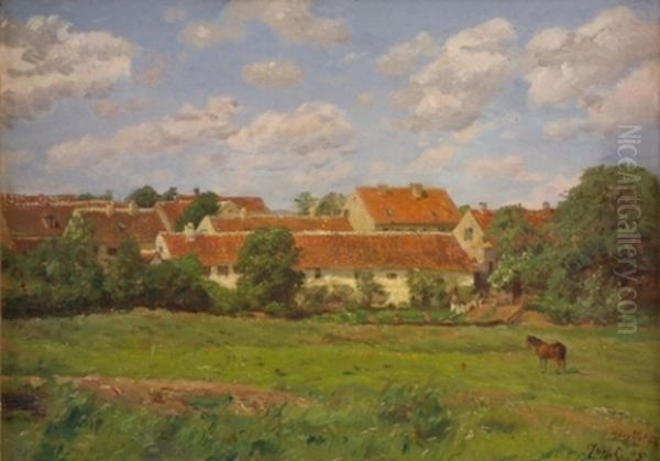 Horsholm's main street from the East. Oil Painting by Godfred B.W. Christensen