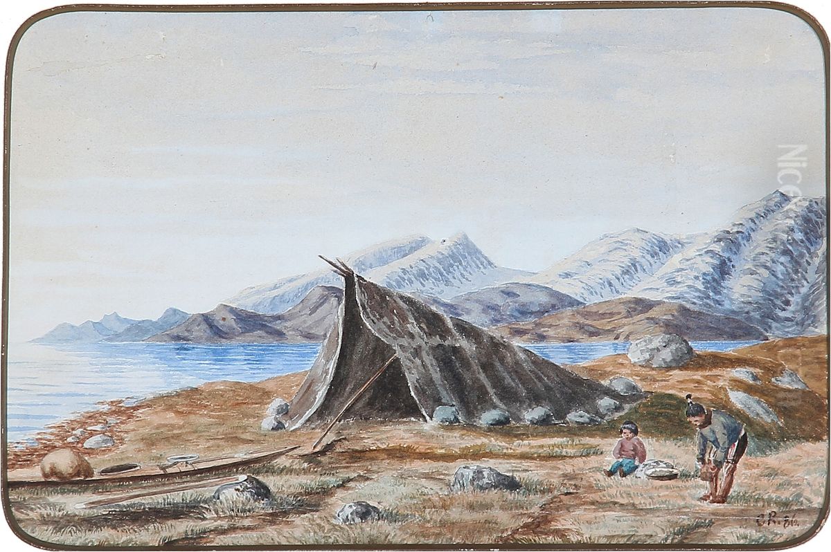 From a Greenlandic settlement Oil Painting by Carl Rasmussen