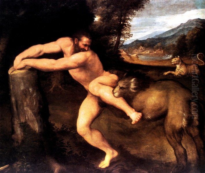 Milone dilaniato dal leone Oil Painting by Il Pordenone