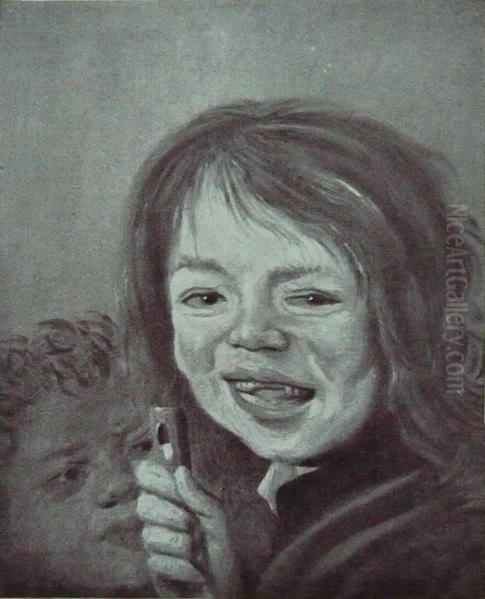 Laughing boy with a flute with another boy behind him Oil Painting by Frans Hals